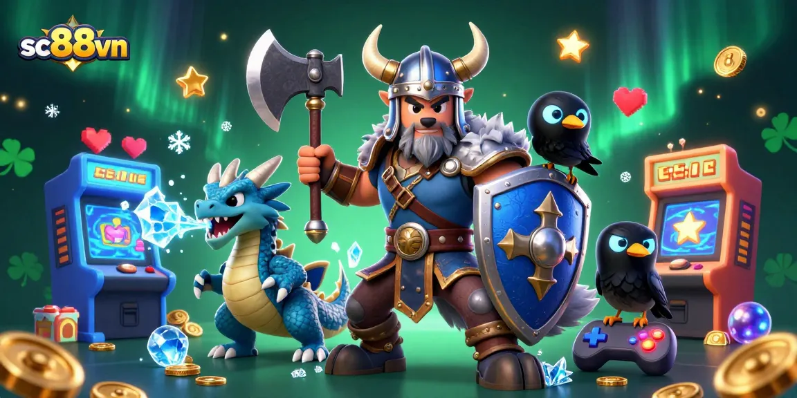 Join the adventure at sc88vn with a Viking warrior, dragon, and gaming elements in a colorful casino scene.