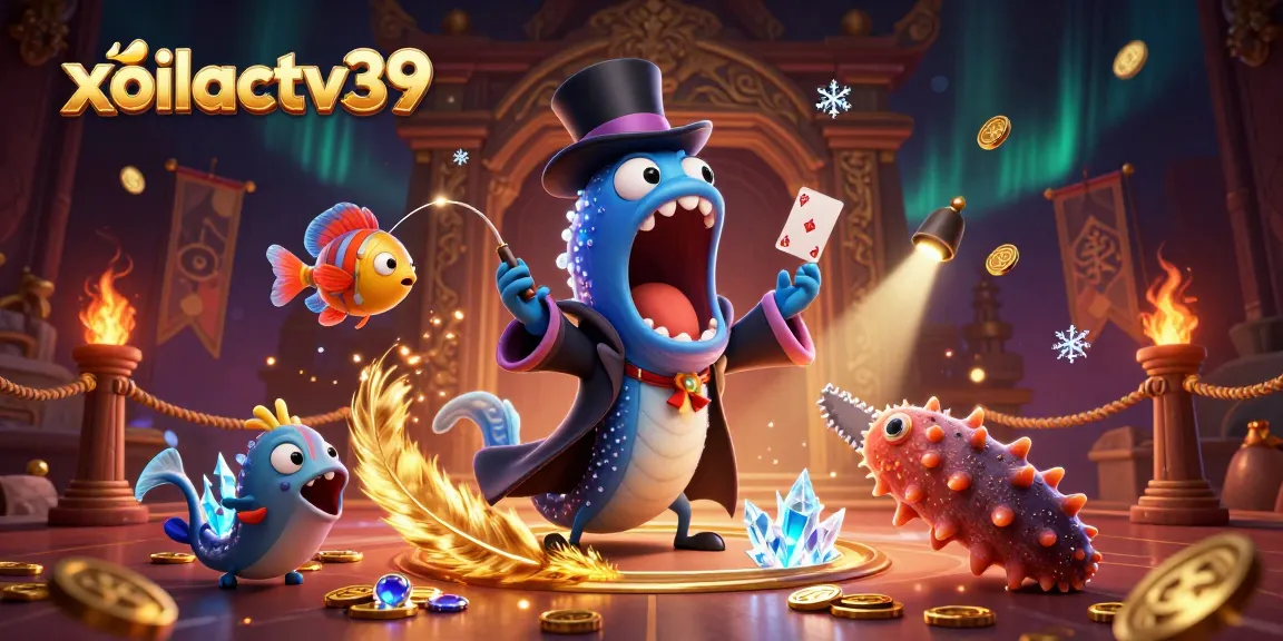 Engaging xoilactv39 magic act with deep-sea characters performing thrilling card tricks in a vibrant casino atmosphere.