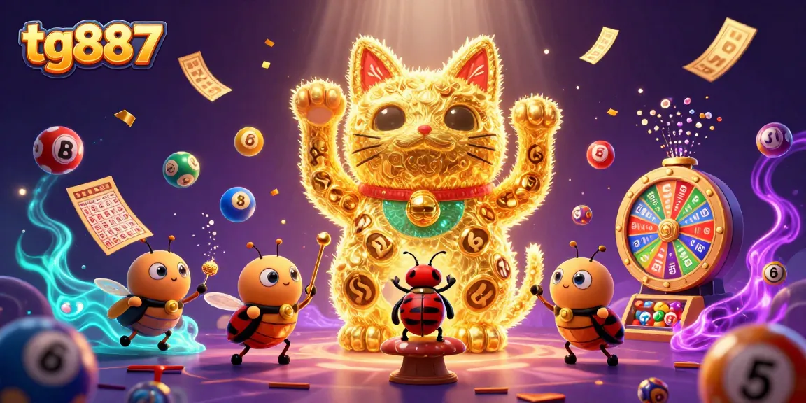 Join the action at tg887's vibrant casino scene with a lucky cat and floating gambling elements.