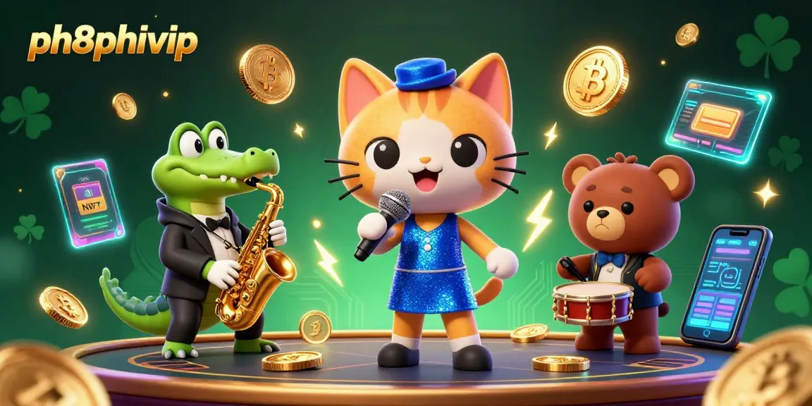 Experience ph8phivip with our vibrant 3D illustration of a jazz-singer cat and friends in a crypto casino setting.