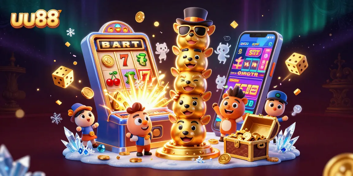Experience thrilling gaming action with uu88 in this vibrant 3D casino illustration featuring bright slots and lavish prizes.