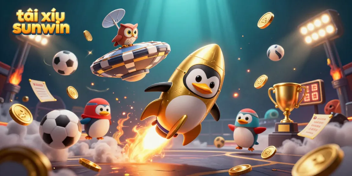 Experience the excitement of tài xỉu sunwin with a dynamic scene featuring a rocket-powered penguin and sporting elements.