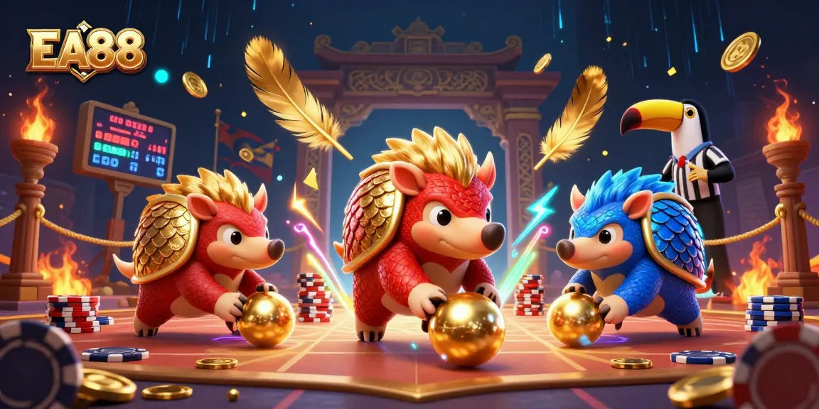 EA88 pangolins competing in a vibrant casino scene with poker chips and confetti