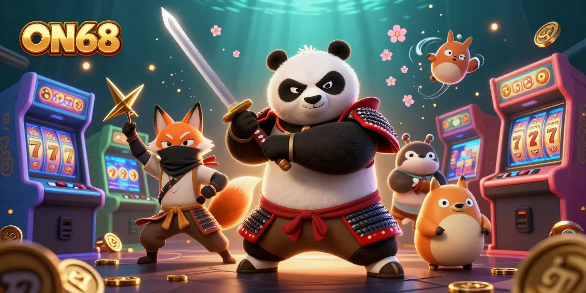 Experience the excitement of ON68 with a vivid scene of animated characters in a vibrant casino setting.